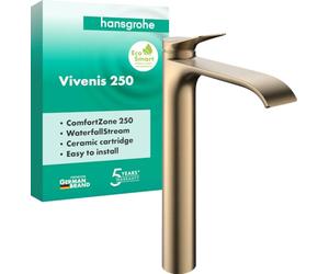 hansgrohe Vivenis 75042140 - Grifo de lavabo sin desagüe, grifo de baño con caño altura 250 mm, grifo mezclador para lavabo de ahorro de agua (EcoSmart), bronce cepillado