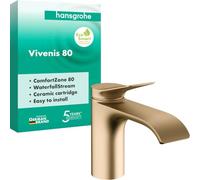 hansgrohe Vivenis - Grifo de lavabo sin desagüe, color bronce cepillado | Grifo de baño con altura de caño de 80 mm, chorro completo (AirPower), máx. 5 l/min, 75012140