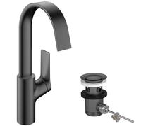 hansgrohe Vivenis, mezclador monomando de lavabo 210 con caño giratorio y juego de desagüe, 139 mm de proyección, 75030340, Color: Cromo negro cepillado