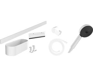 hansgrohe WallStoris - Juego de accesorios para el baño sin perforación 7 piezas, con alcachofa de ducha ahorro de agua y accesorios de baño, color blanco mate, 24291700