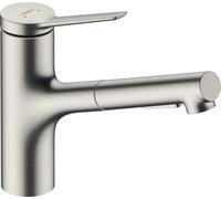 hansgrohe Zesis M33, grifo de cocina con ducha extraíble, 2 tipos de chorro, mezclador monomando cocina 150 mm, grifo cocina fregadero con caño giratorio, aspecto de acero inoxidable