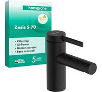 hansgrohe Zesis S 74713670 - Grifo de lavabo para agua fría sin desagüe, para invitados con altura de salida de 74 mm, para ahorro de agua (EcoSmart+), color negro mate