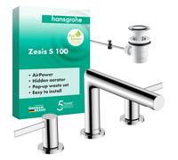 hansgrohe Zesis S Grifería de lavabo de 3 agujeros con juego de desagüe, 164 mm de alcance, 74733000, Color: cromado