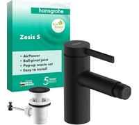 hansgrohe Zesis S - grifo de bidé con vaciador automático, grifo monomando para bidé ahorro de agua (EcoSmart) con altura del caño 83 mm, negro mate, 74200670