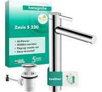 hansgrohe Zesis S - grifo lavabo con vaciador automático, ahorro de energía (CoolStart), grifo monomando lavabo, altura del caño 230 mm, ahorro de agua (EcoSmart+), cromo, 74730000