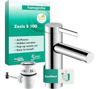 hansgrohe Zesis S - grifo lavabo con vaciador automático, ahorro de energía (CoolStart), grifo monomando lavabo, altura del caño 104 mm, ahorro de agua (EcoSmart+), cromo, 74720000