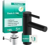 hansgrohe Zesis S - grifo lavabo con vaciador automático, ahorro de energía (CoolStart), grifo monomando lavabo, altura del caño 104 mm, ahorro de agua (EcoSmart+), negro mate, 74720670