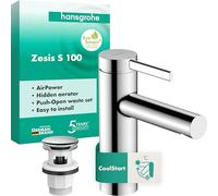 hansgrohe Zesis S - grifo lavabo con vaciador Push-Open, ahorro de energía (CoolStart), grifo monomando lavabo, altura del caño 104 mm, ahorro de agua (EcoSmart+), cromo, 74724000