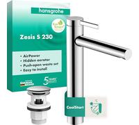 hansgrohe Zesis S - grifo lavabo con vaciador Push-Open, ahorro de energía (CoolStart), grifo monomando lavabo, altura del caño 230 mm, ahorro de agua (EcoSmart+), cromo, 74732000