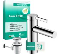 hansgrohe Zesis S Mezclador monomando de lavabo 100 CoolStart con desagüe automático, 74720000, Color: cromado