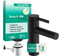 hansgrohe Zesis S Mezclador monomando de lavabo 100 CoolStart con desagüe automático, 74720670, Color: negro mate