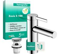 hansgrohe Zesis S Mezclador monomando de lavabo 100 CoolStart con desagüe automático, cromo, 74724000
