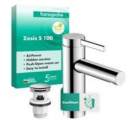 hansgrohe Zesis S Mezclador monomando de lavabo 100 CoolStart con desagüe automático PUSH, 74724000, Color: cromado