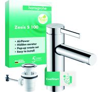 hansgrohe Zesis S Mezclador monomando de lavabo 100 CoolStart con juego de desagüe, 74720000, Color: cromado