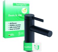 hansgrohe Zesis S Mezclador monomando de lavabo 100 CoolStart con juego de desagüe, 74720670, Color: negro mate
