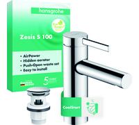 hansgrohe Zesis S - grifo lavabo con vaciador Push-Open, ahorro de energía (CoolStart), grifo monomando lavabo, altura del caño 104 mm, ahorro de agua (EcoSmart+), cromo, 74724000