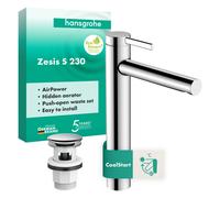 hansgrohe Zesis S Mezclador monomando de lavabo 230 CoolStart para lavabos sobre encimera, con desagüe automático PUSH, 74732000, Color: cromado