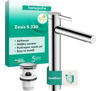 hansgrohe Zesis S Mezclador monomando de lavabo 230 CoolStart para lavabos sobre encimera, con juego de desagüe, cromo, 74732000