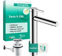 hansgrohe Zesis S Mezclador monomando de lavabo 230 CoolStart para lavabos sobre encimera, con juego de desagüe, 74730000, Color: cromado