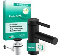 hansgrohe Zesis S Mezclador monomando de lavabo 70 CoolStart con desagüe automático, 74710670, Color: negro mate