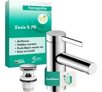 hansgrohe Zesis S Mezclador monomando de lavabo 70 CoolStart con desagüe automático, cromo, 74715000