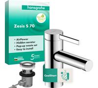 hansgrohe Zesis S mezclador monomando de lavabo 70 CoolStart con desagüe automático metálico, 74714000, Color: cromado