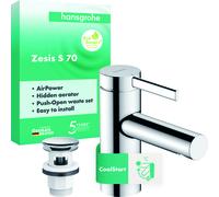 hansgrohe Zesis S Mezclador monomando de lavabo 70 CoolStart con juego de desagüe, cromo, 74715000