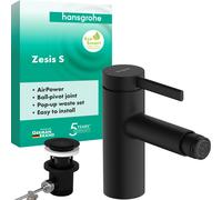 hansgrohe Zesis S mezclador monomando para bidé con desagüe automático metálico, 122mm de proyección, 74201670, Color: negro mate