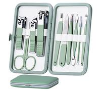 HANTEKAS Juego de Manicura 10 En 1 de Acero Inoxidable, Cortaúñas Tijeras Pedicura Kit de Herramientas - Kit Portátil de Aseo de Viaje para Hombres y Mujeres Con Funda de Cuero (Verde Jade)