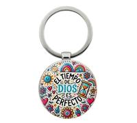 Hao Wu Xuan Llavero de la Biblia en español - llavero con un patrón floral colorido y un temporizador, grabado con EL TIEMPO de DIOS ES PERFECT