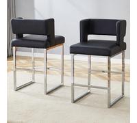 HaoChrymec 2 Sillas Nordic Windbar de PU y Metal, Diseño Moderno Cuadrado, Cómodas y Ligeras, Silla de Comedor y Bar, para Cocina y Salón, Negro y Plata, 48x53.3x91.4cm