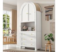HaoChrymec Armario Alto De Almacenamiento con MDF, 3 Cajones Y Puertas Curvadas, Estantes Abiertos para Exhibición, Aparador Multiuso, Adecuado para Cocina Y Salón, Blanco, 70x35x180 CM