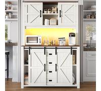 HaoChrymec Armario De Cocina Alto con MDF y Metal, Sideboard con Puertas Correderas y Iluminación LED, Aparador De Almacenamiento, Mueble Auxiliar, Color Blanco, 115x40x174.7 cm