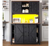 HaoChrymec Armario De Cocina Alto con MDF y Metal, Sideboard con Puertas Correderas y Iluminación LED, Aparador De Almacenamiento, Mueble Auxiliar, Color Negro, 115x40x174.7 cm