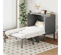 HaoChrymec Cama Abatible de Pared con Madera, Diseño Plegable Vertical con Somier y Ahorro de Espacio, Cama Abatible 90x200, Cama Plegable Pared, Adecuada para Dormitorio y Estudio, Gris, 90x200 cm