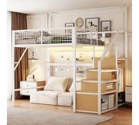 HaoChrymec Cama Alta de Metal con LED y Armario, para Niños y Jóvenes, Blanco, 140.200 cm