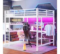HaoChrymec Cama Alta de Metal y MDF con Iluminación LED, Escritorio con Enchufe y USB, Cama Loft con 3 Cajones y Estanterías, Barandilla y Escalera, para Dormitorio y Estudio, Blanca, 140 x 200 cm