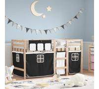 HaoChrymec Cama Alta Infantil con Cortinas, de Madera de Pino, Diseño Seguro con Barandillas y Escalera, Cama Alta Ideal para Habitación Infantil o Juvenil, Color Blanco y Negro, 90x190 cm