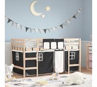 HaoChrymec Cama Alta Infantil de Madera de Pino Macizo, con Cortinas y Escalera Integrada, Cama Infantil con Barandillas de Seguridad,Blanco y Negro, 205.5x85.5x113.5 cm