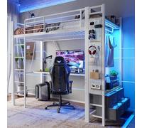 HaoChrymec Cama Alta Metálica con Escritorio, Estantes y 4 Cajones, con Barra de Colgar y Panel Perforado, Cama Loft con USB Type C y Toma de Corriente, Iluminación LED, Blanco, 90 x 200 cm