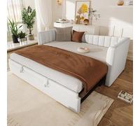 HaoChrymec Cama Daybed Tapizada de Terciopelo con Cama Nido Ajustable, Sofá Camas Individual y Doble, Camas Convertible para Dormitorio y Apartamento Pequeño, Blanco, 90 x 200 cm (180 x 200 cm)