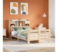 HaoChrymec Cama de Madera Maciza con Estantería, Cabecero con Almacenamiento, Cama Individual Ideal para Dormitorios Juveniles o Habitaciones Pequeñas, Color Natural de Madera, 135x190 cm