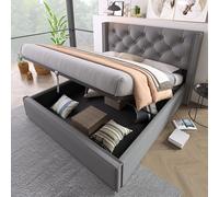 HaoChrymec Cama de Matrimonio Tapizada con Algodón, Canapé Hidráulico, Gris, 160x200 cm