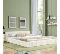 HaoChrymec Cama Doble Tapizada con Tejido Chenille, Estructura de Madera de Eucalipto y Marco de Hierro, Montaje Fácil, Cama Matrimonial para Dormitorio y Habitación Juvenil, Beige, 140 x 200 cm