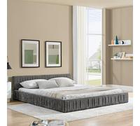 HaoChrymec Cama Doble Tapizada con Tejido Chenille, Estructura de Madera de Eucalipto y Marco de Hierro, Montaje Fácil, Cama Matrimonial para Dormitorio y Habitación Juvenil, Dark Gray, 140 x 200 cm