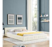 HaoChrymec Cama Doble Tapizada con Tejido Chenille, Estructura de Madera de Eucalipto y Marco de Hierro, Montaje Fácil, Cama Matrimonial para Dormitorio y Habitación Juvenil, Beige, 160 x 200 cm
