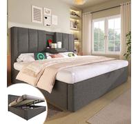 HaoChrymec Cama Doble Tapizada de Lino con Becherhalter y Estación de Carga, Cama Hidráulica con Almacenaje y Somier, Cama Juvenil para Dormitorio y Apartamento, Gris, 180 x 200 cm