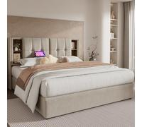 HaoChrymec Cama Doble Tapizada de Lino con Carga Inalámbrica USB C, Cama con Almacenaje e Iluminación, Somier de Madera, Cama Juvenil para Dormitorio y Apartamento, Natural, 180 x 200 cm