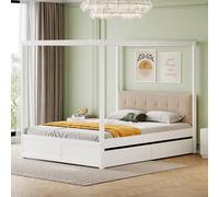 HaoChrymec Cama Dosel de Madera con Cabecero Acolchado y Cajones de Almacenaje, Cama con Dos Cajones Inferiores y Respaldo Acolchado, Cama para Dormitorio y Habitación Juvenil, Blanca, 140 x 200 cm