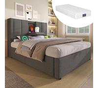 HaoChrymec Cama Individual 90 x 200 cm con Lino, Cabecero Ajustable con Porta Vasos y Estación de Carga, Cama Hidráulica con Almacenaje Bajo el Somier y Somier Incluido,Gris, 90 x 200 cm